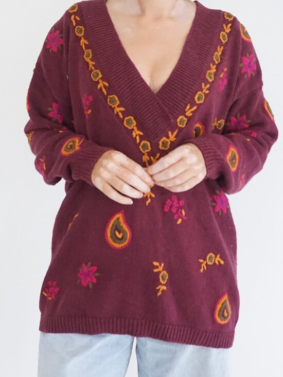 Vintage Studio Michelle Stuart Maroon Cotton Knit Floral V-Neck Sweater M - Picture 2 of 11